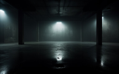 Fototapeta premium Dark and dark room wall with cement reflective floor, smoke and dim light