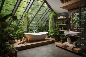 cozy modern luxurious interior of a bathroom in the attic floor with forest view: white bathtub, many candles and green plants decorations