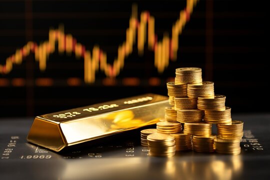 golden bars a pieces of gold representing stock market investments, a graph with stocks and bonds progression development. Financial market concept