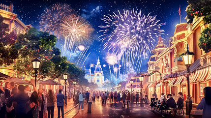 Festive fireworks in the evening sky over a crowded street
