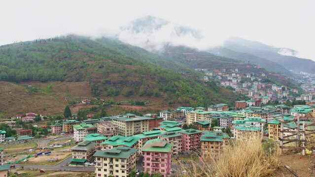 Panoramic view of the city of Thimphu located in Bhutan, view of buildings and roads in Thimphu city