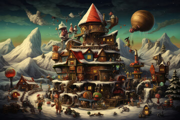 illustration painting of  santa claus and people in christmas land as merry christmas concept. (ai generated)