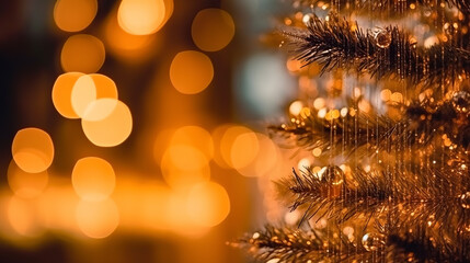 Christmas tree branch decorated with balls on beautiful bokeh background