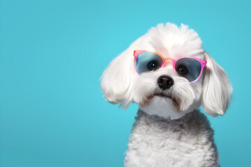 Creative animal concept. Maltipoo dog puppy in sunglass shade glasses isolated on solid pastel background, commercial, editorial advertisement, surreal surrealism