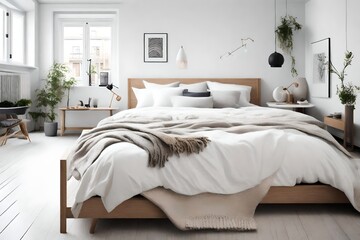 Create a serene Scandinavian bedroom with clean lines and cozy textiles. 
