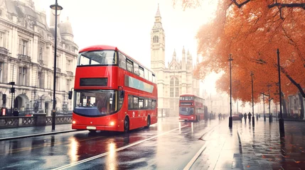 Papier Peint photo Bus rouge de Londres London Red Bus in middle of city street. Evening mist. Autumn mood. Banner.