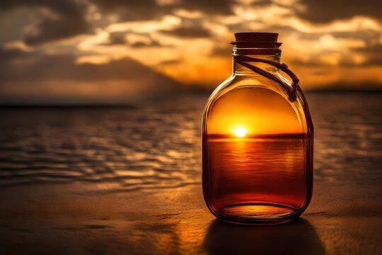 Craft a captivating image of a glass bottle catching the golden rays of sunset. 