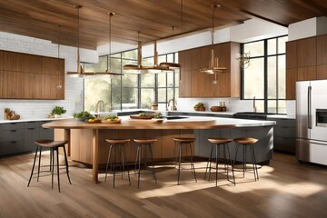 Design a sleek mid-century modern kitchen with clean lines and vintage-inspired fixtures. 