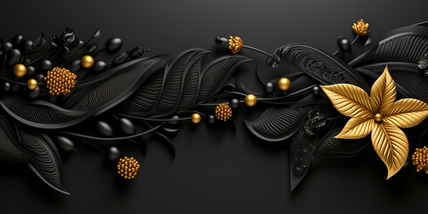 Wunderbare schöne Blumen in gold mit schwarz als Hintergrundmotiv für Banner im Querformat, ai generativ