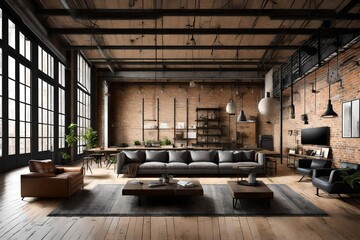 Generate an industrial loft interior with  brick walls and metallic accents. 