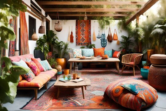 Design a bohemian-inspired outdoor patio with colorful textiles and boho-chic accessories. 