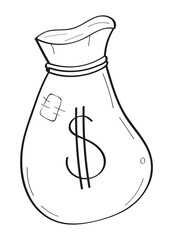 Bag with money in doodle style. Office doodles hand drawn icons. Financial crisis icon in line style. Wallet without money. Broken wallet icon for logo, web, app, UI.