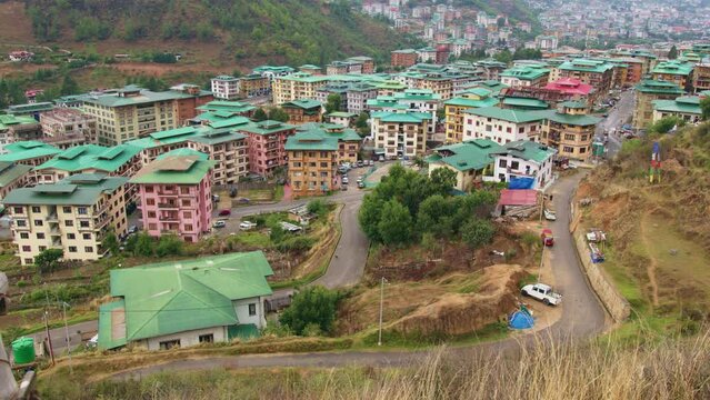 Panoramic view of the city of Thimphu located in Bhutan, view of buildings and roads in Thimphu city