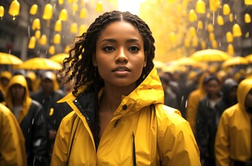 Portrait of beautiful black girl in yellow rain coat isolated in crowd of people background, fashion banner with copy space, diversity template 