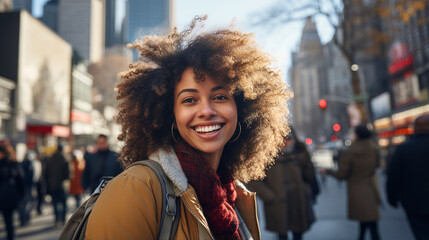 Young afro american woman tourist taking selfie photo. Portrait of american young woman with curly hair in New york. Happy young woman walking in New York city. - obrazy, fototapety, plakaty