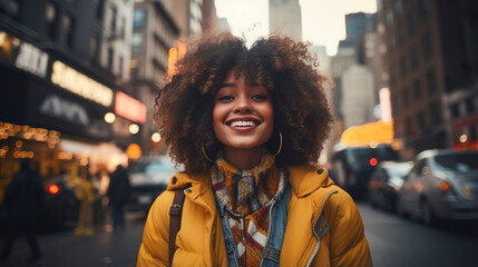 Young afro american woman tourist taking selfie photo. Portrait of american young woman with curly hair in New york. Happy young woman walking in New York city. - obrazy, fototapety, plakaty