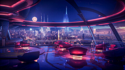 Futuristic Nightclub With Nightlife Atmosphere. Sci-fi  Metropolitan Night club. Night Club Background Concept. Generative AI