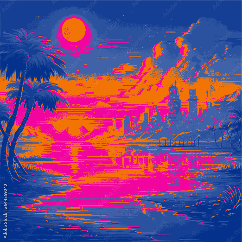 Poster retrofuturistic pixel art landscape with moon, palm trees and skyscrapers. vector 8-bit style illust