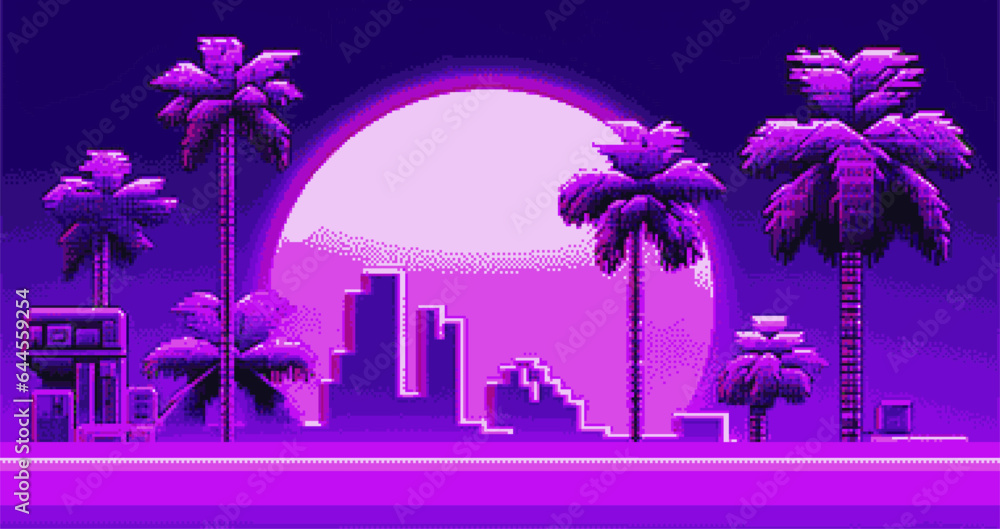 Poster retrofuturistic pixel art landscape with moon, palm trees and skyscrapers. vector 8-bit style illust