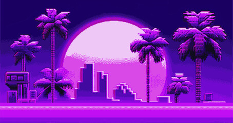 Retrofuturistic pixel art landscape with moon, palm trees and skyscrapers. Vector 8-bit style illustration for t-shirt print or poster design.
