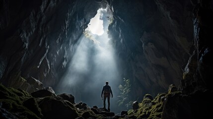Obraz premium Silhouette adventurers man climbing in the great cave.