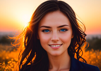 Portrait of a beautiful young woman in the sunset. Generative AI
