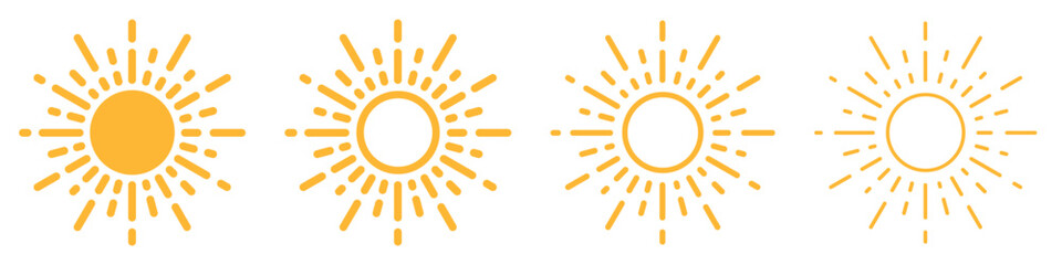 Set of sun icons. Sunshine, solar symbol. Sunset, summer, sunrise, sun shine, screen brightness. Decorative circle with rays. Vector.