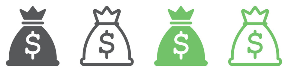 Money bag icon set. Dollar money with sack. Symbols money bag or stash, coin sack sign, business, banking, vector.