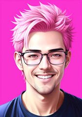 Portrait of a handsome young man with pink hair and glasses. 