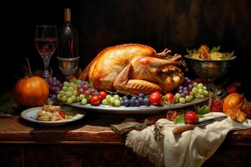 Thanksgiving day dinner with holiday autumn decor.