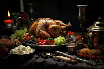 Thanksgiving day dinner with holiday autumn decor.