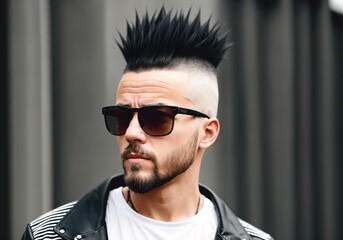 Obraz premium Young punk man wearing black glasses. Portrait of bold male with bright image, daring style.