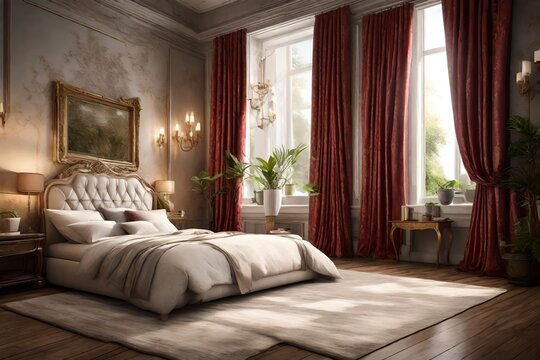"Produce an HD interior picture that showcases the charm of a bedroom adorned with attractive silk curtains, capturing every detail in high definition as if taken with an HD camera  