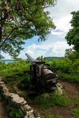 Bora Bora, Old and rusty US Cannons (unused) of Pacific War at Farepiti, Vertical Image