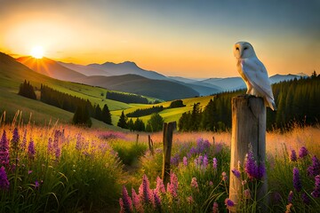 pastoral countryside setting with a barn owl perched on a rustic fence post, surrounded by wildflowers and rolling hills  - Powered by Adobe