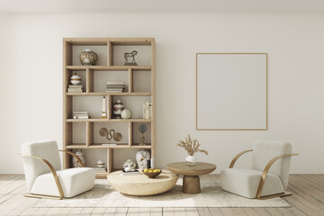 Contemporary interior design of the living room in soft neutral tones. Interior mockup, 3d render