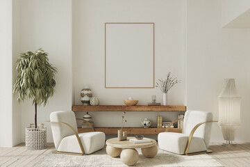 Contemporary interior design of the living room in soft neutral tones. Interior mockup, 3d render