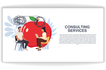 A woman solves a problem . website page Consulting Services. Modern flat design concept of web page design for website and mobile website