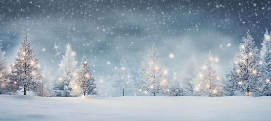 Fototapeta premium winter blurred background. Xmas tree with snow decorated with garland lights, holiday festive background. Widescreen backdrop