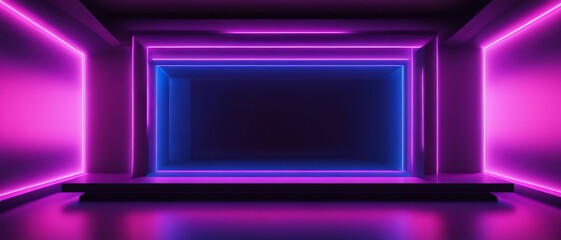 Blue neon frame in dark futuristic pink room, wallpaper