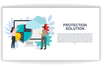 A woman was pointing at the shield. website page Protection Solution. Modern flat design concept of web page design for website and mobile website