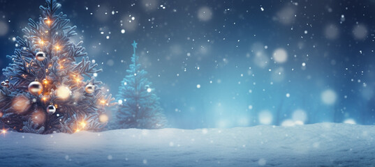 winter blurred background. Xmas tree with snow decorated with garland lights, holiday festive background. Widescreen backdrop