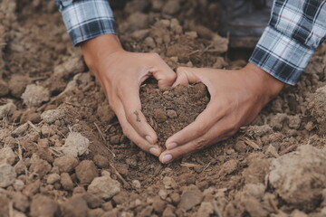 Symbol heart earth day. Handful of dirt hands heart shape. Farm organic earth. Farmer hands soil ground earth dirt garden soil farm ground. Male hands full of fertile land field agriculture concept