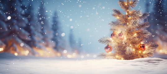 Obraz premium winter blurred background. Xmas tree with snow decorated with garland lights, holiday festive background. Widescreen backdrop