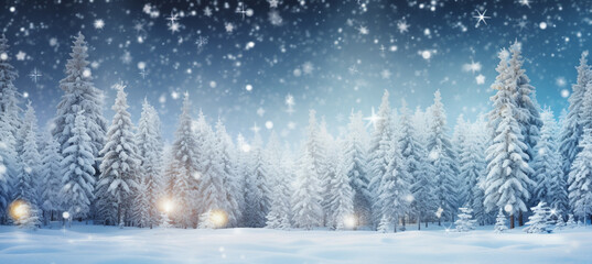 Fototapeta premium winter blurred background. Xmas tree with snow decorated with garland lights, holiday festive background. Widescreen backdrop