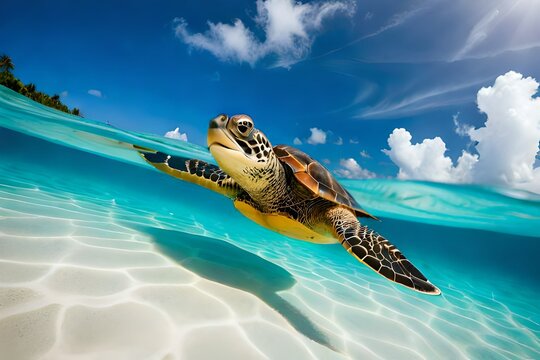 image of a curious sea turtle gliding gracefully through the clear waters of a tropical reef