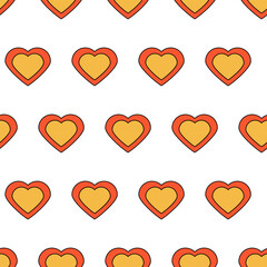 Retro hippie seamless pattern, hearts, vector. Red-yellow hearts on a white background.