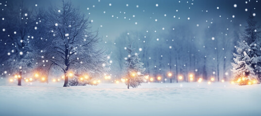 winter blurred background. Xmas tree with snow decorated with garland lights, holiday festive background. Widescreen backdrop
