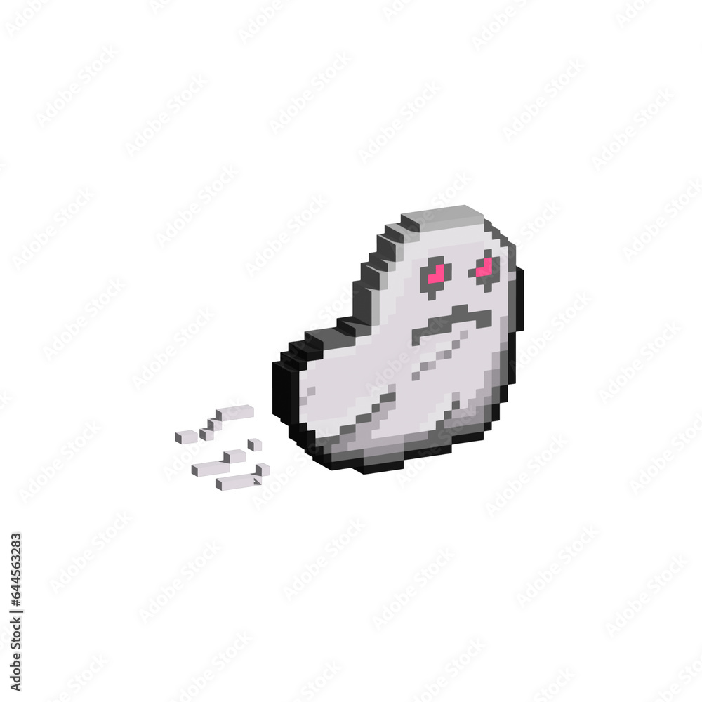 Poster isometric pixel art 3d of white ghost halloween for items asset. white ghost halloween on pixelated 