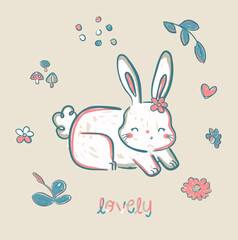 Cute rabbit bunny flowers autumun winter lovely design for kids market as vector